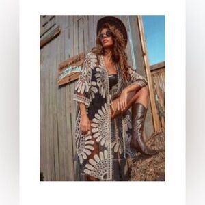 Embroidered Mesh Tie Front Longline Kimono